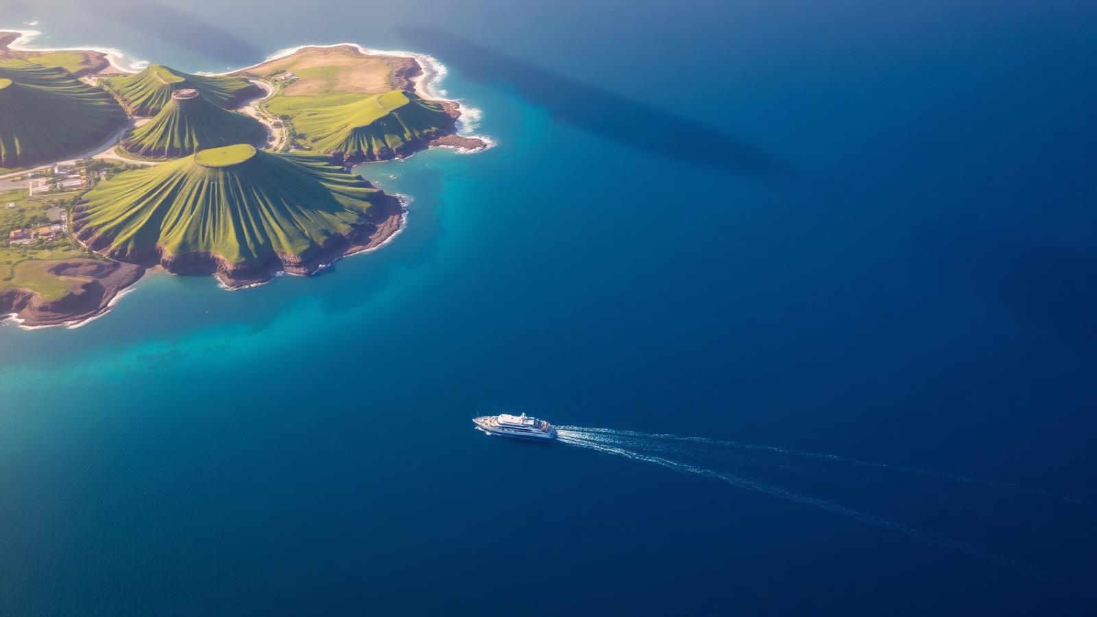 Luchtfoto van de zeestraat tussen Bali en Lombok met een veerboot en groene kustlijnen