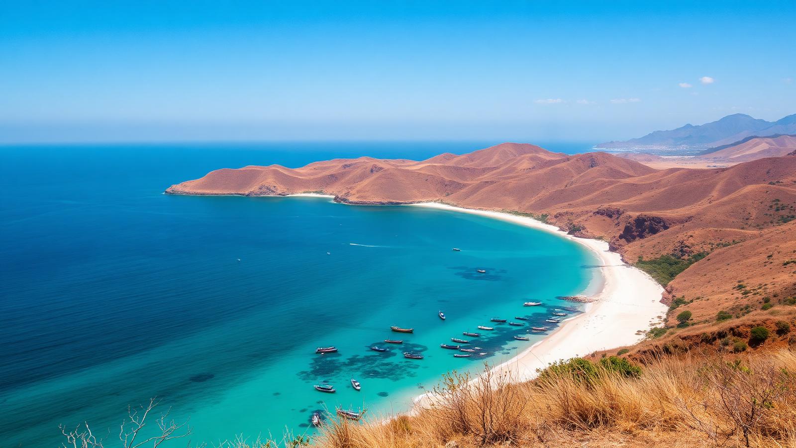 Uitzicht vanaf een heuvel over een baai met turquoise water aan de zuidkust van Lombok
