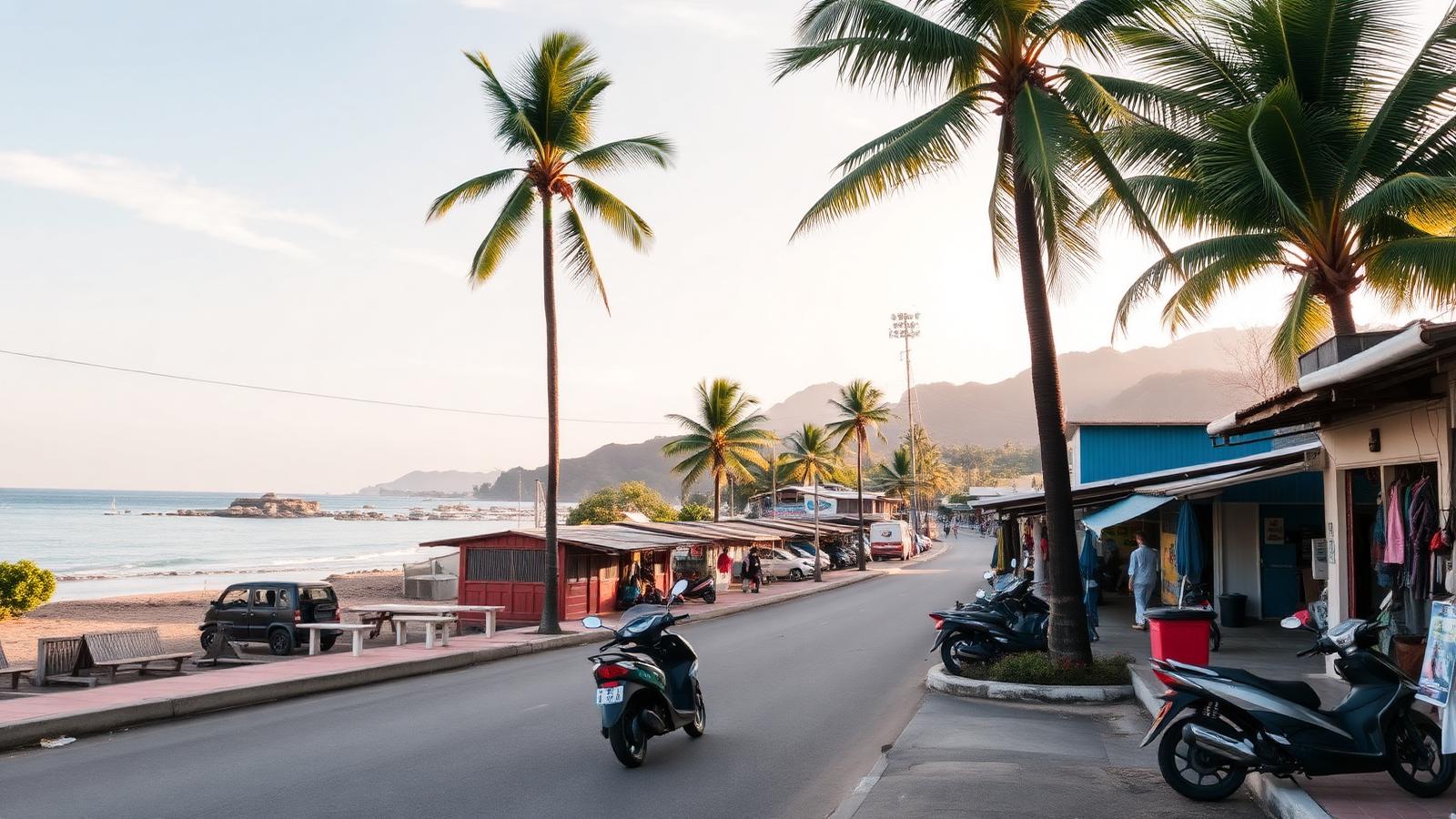 Straat in Kuta Lombok met palmen, kleine winkels en zicht op de baai