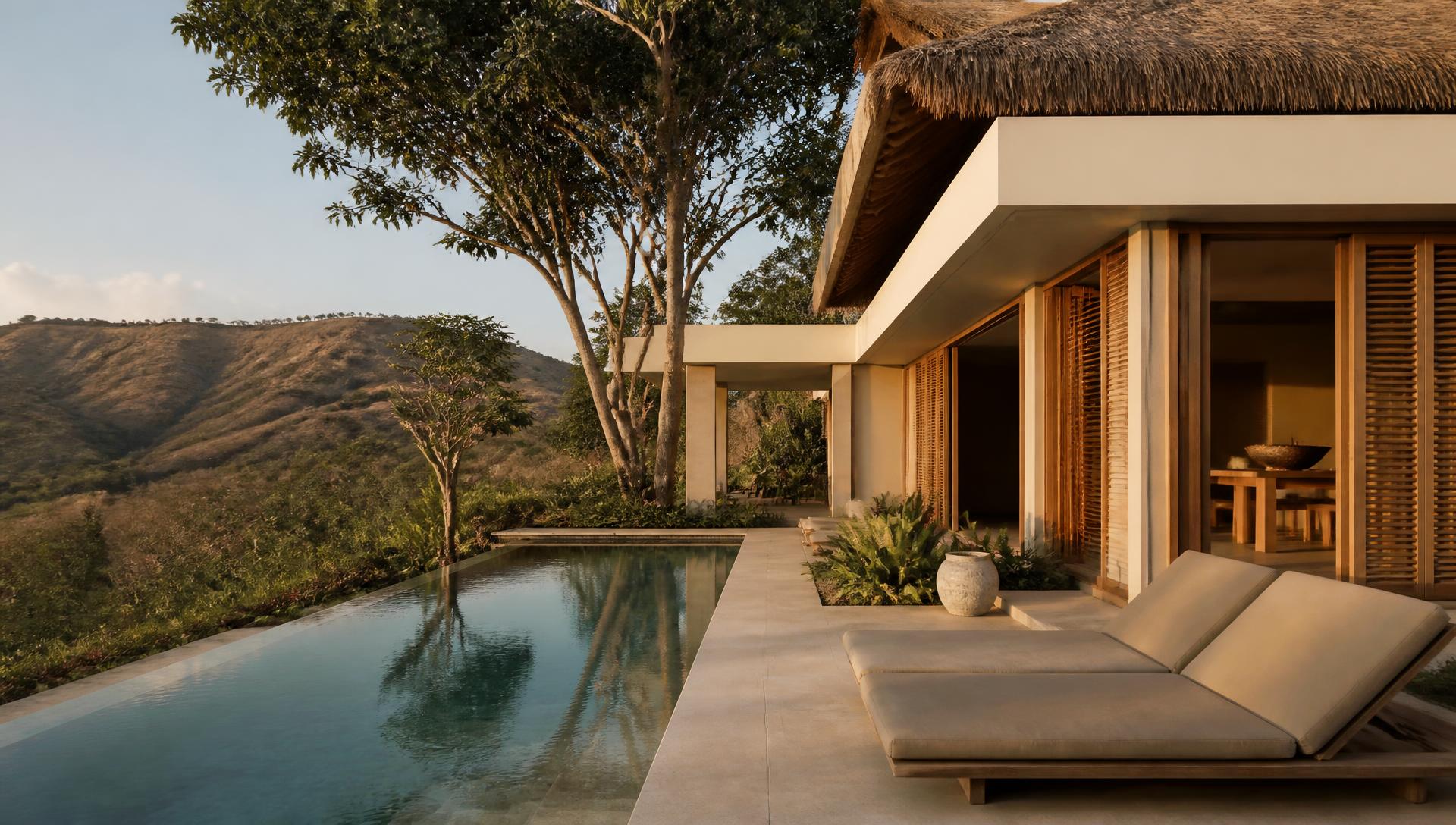 Moderne villa met zwembad en uitzicht over de heuvels van Zuid-Lombok bij avondlicht
