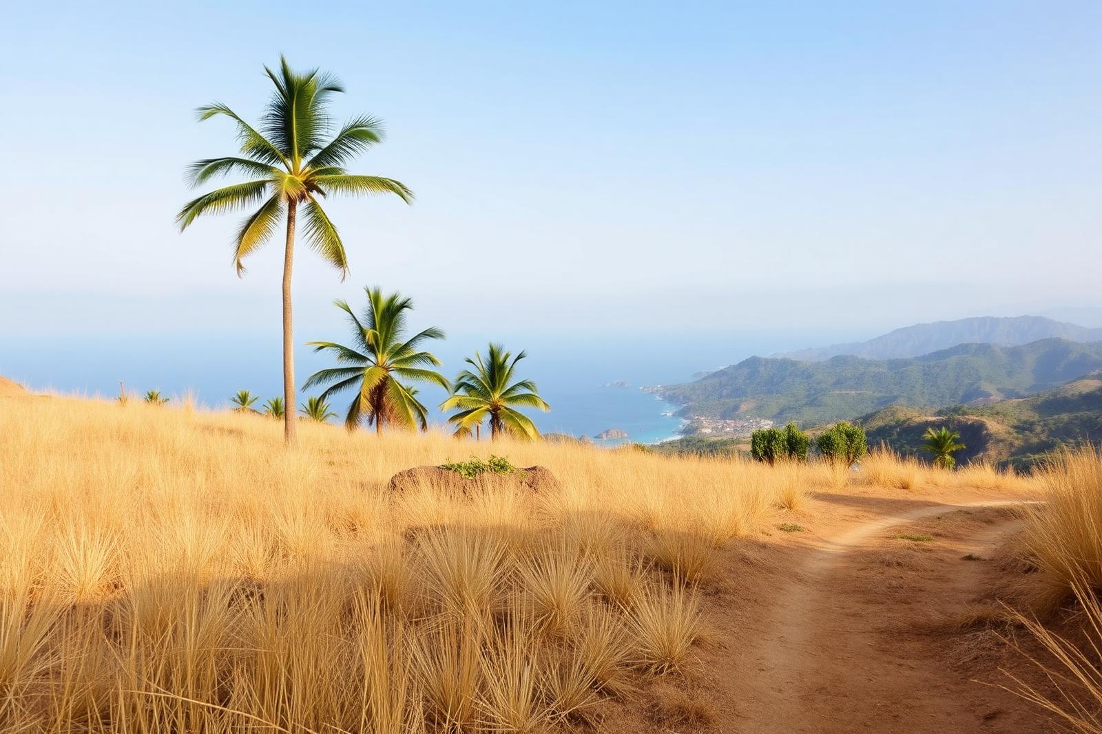 Onbebouwd heuvelperceel met droog gras en palmen en uitzicht over de kust van Lombok