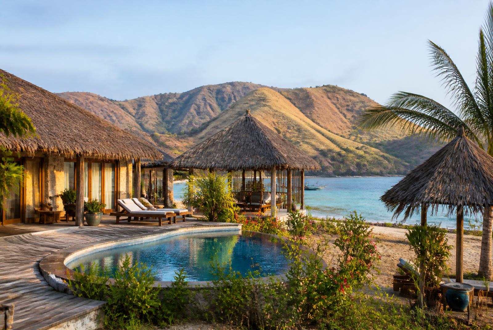 Kleinschalig resort met bungalows met rieten daken aan een baai aan de zuidkust van Lombok