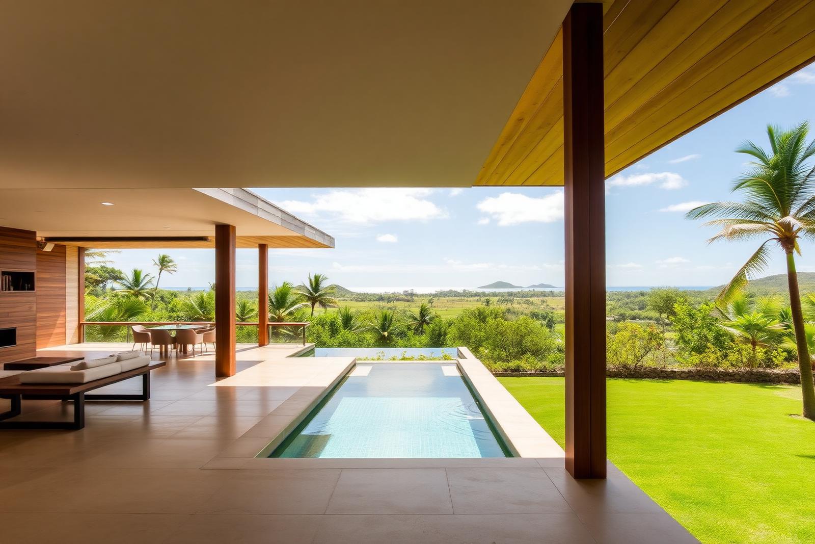 Moderne tropische villa met terras en zwembad in het heuvelland bij Kuta, Lombok